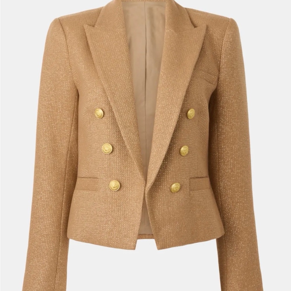 L'AGENCE Cropped Latte (Camel) Double-Breasted Blazer with Gold Buttons